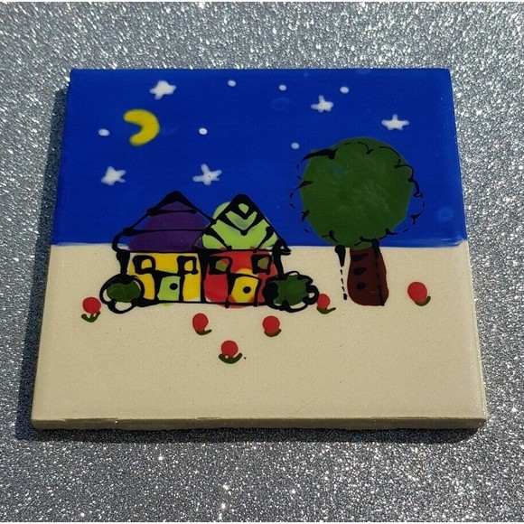 Robin Sterling Art Tile Ceramic Trivet Coaster 2 Houses Night Moon 4.25" RARE - Picture 10 of 11